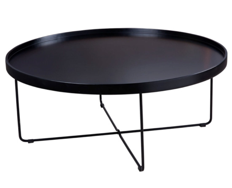MESA CENTRO BRUNO NEGRO Mesa de centro redonda de gran capacidad, fabricada con la base de metal a juego y una tapa de ø 80 cm con diseño bandeja, fabricada en DM lacado de 40mm grueso y rebajado. Las mesas de centro con bandera son el último grito dentro del mobiliario moderno.